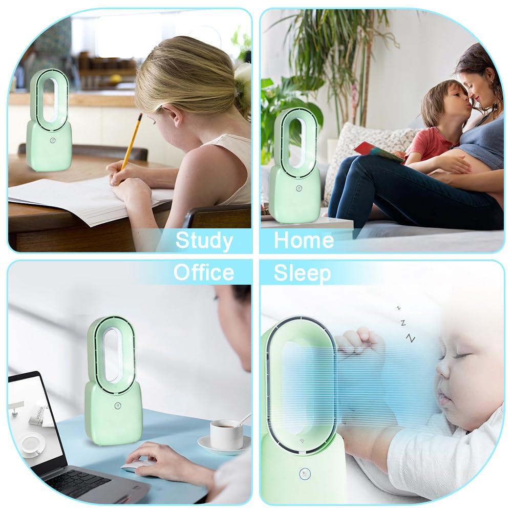 CONBOLA Desk Fan, 11.8 Inch Bladeless Fan Small Table Fan Air Cooler, Portable Rechargeable Breeze Quiet Fan with Touch Control 5-Colors Decorative LED Light for Office Bedroom（Green）