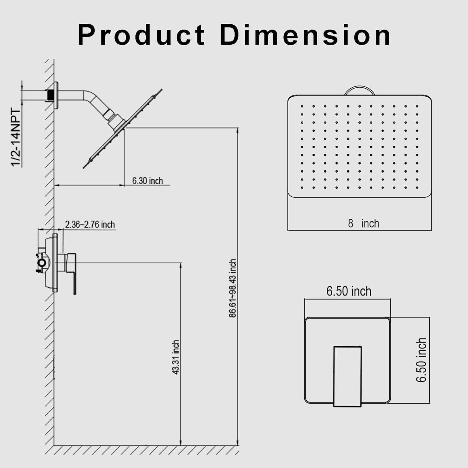 Black Shower Faucet Shower Trim Kit with Mixer Valve 8in Rain Shower Head Combos