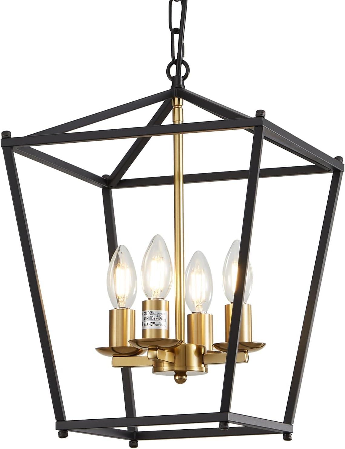 Rustic Lantern Chandeliers 4-Light Ceiling Cage Hanging Lights Gold Pendant Light Fixtures for Kitchen Island Dining Room Farmhouse Entryway Foyer