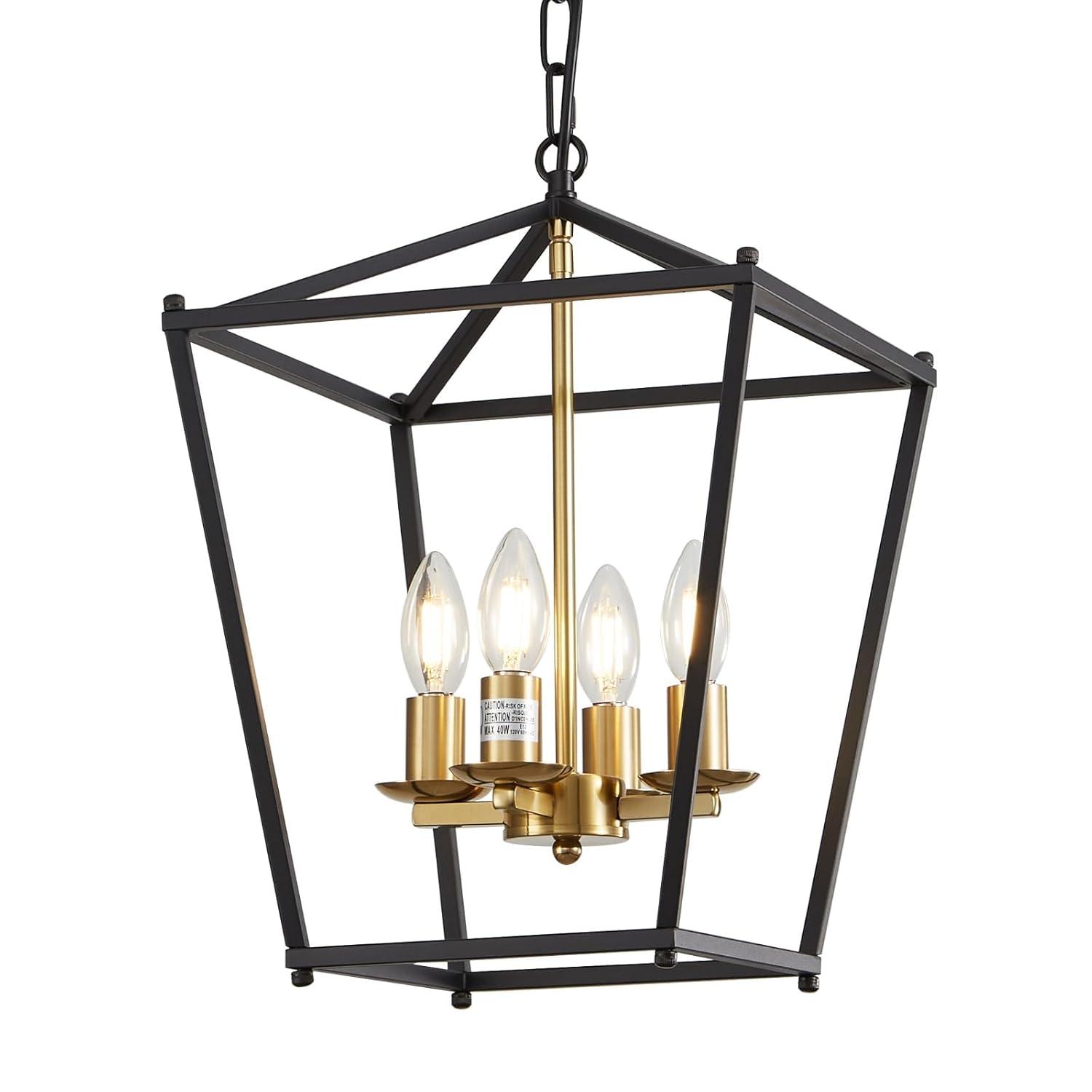 Rustic Lantern Chandeliers 4-Light Ceiling Cage Hanging Lights Gold Pendant Light Fixtures for Kitchen Island Dining Room Farmhouse Entryway Foyer