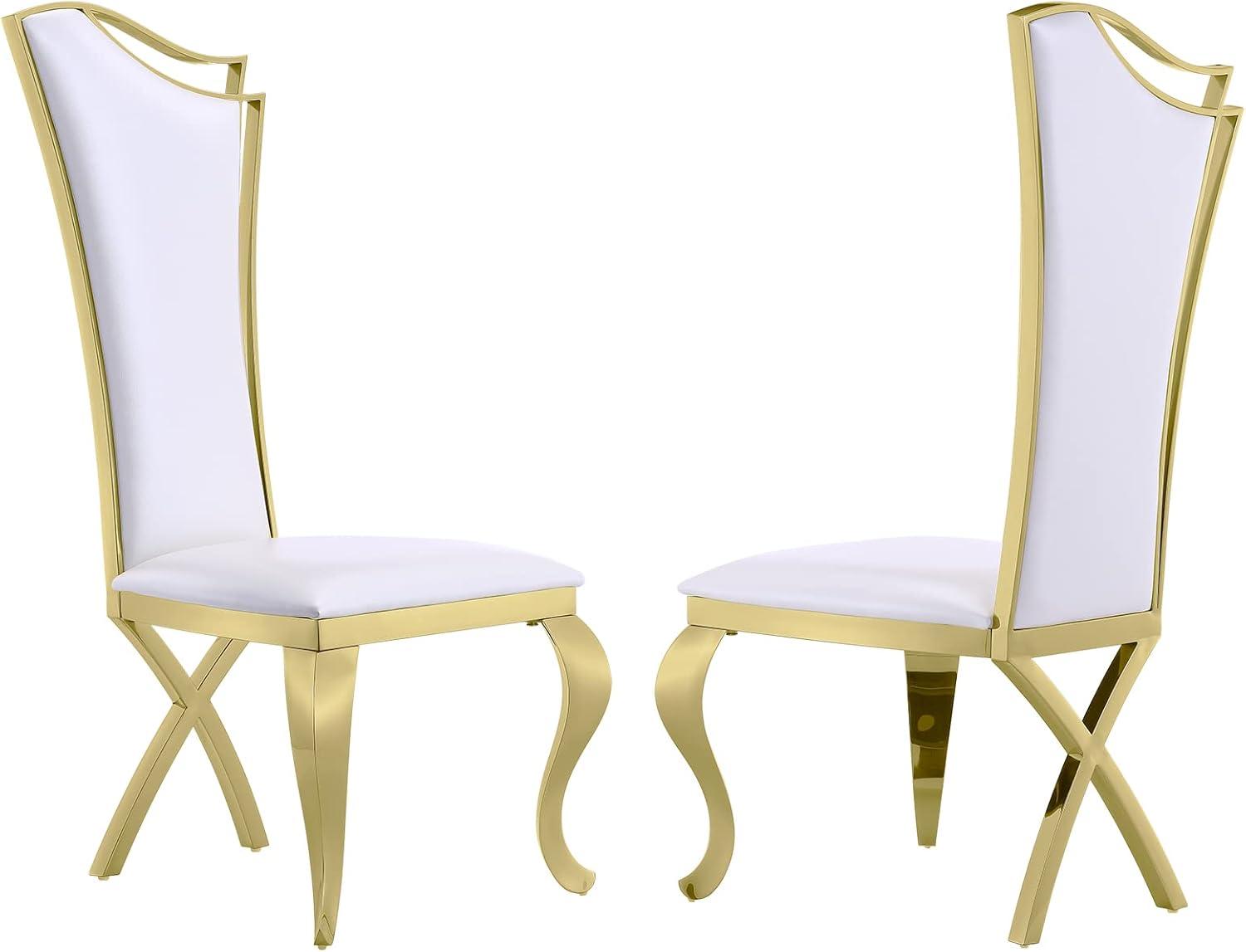 White Faux Leather High Back Dining Chairs with Gold Metal Legs, Set of 2