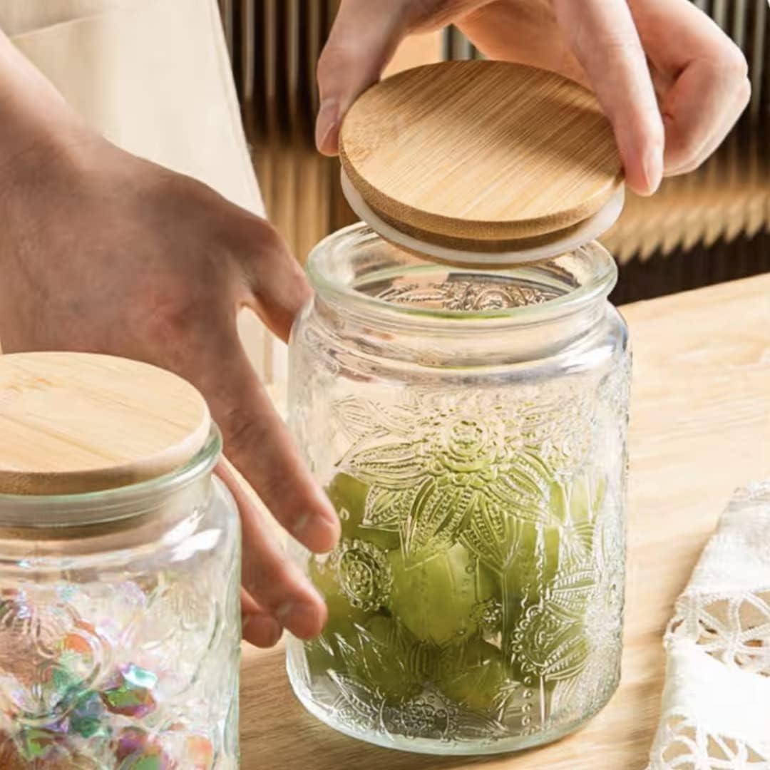 Vintage Clear Glass Jars with Bamboo Lids, Set of 2