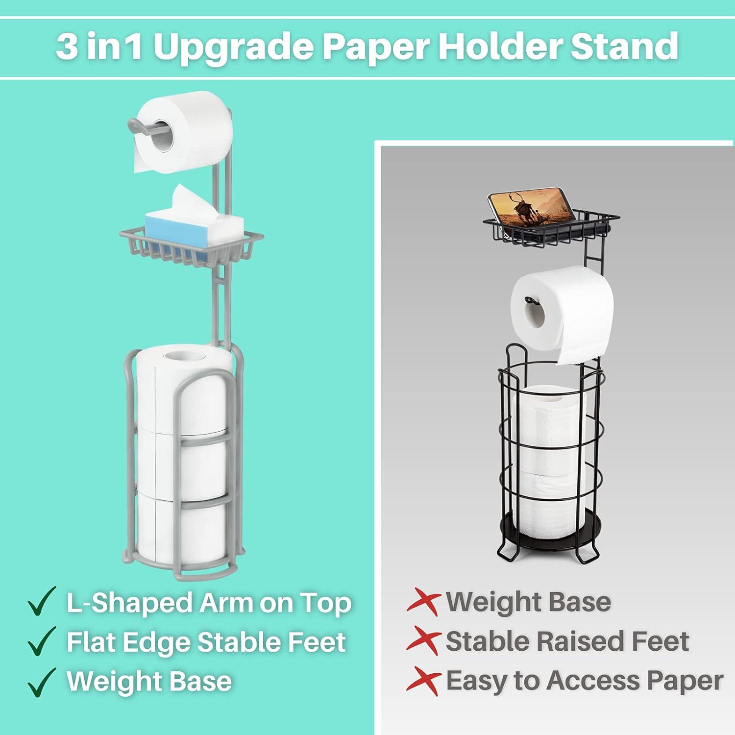 Silver Gray Free Standing Toilet Paper Holder With Shelf, Durable And Compact Design