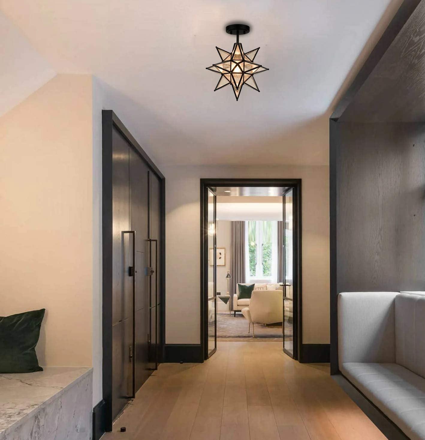 TANMAO  10-Inch Moravian Star Ceiling Light, Boho Moroccan Lamp with Seeded Glass Shade, Moravian Star Ceiling Light Modern Brass Flush Mount Lights for Office, Living Room, Dining Room, Kitchen