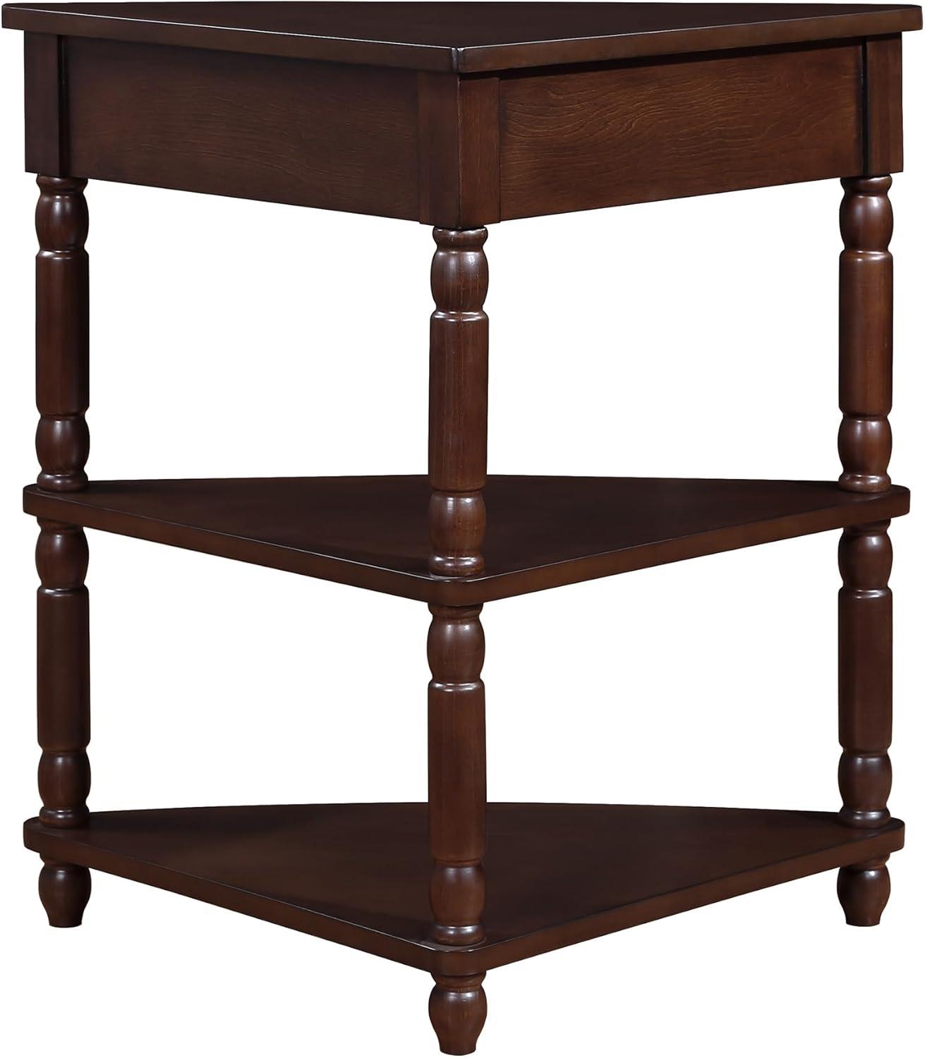 Light Espresso Triangular Wood Corner Table with Drawer and Shelves