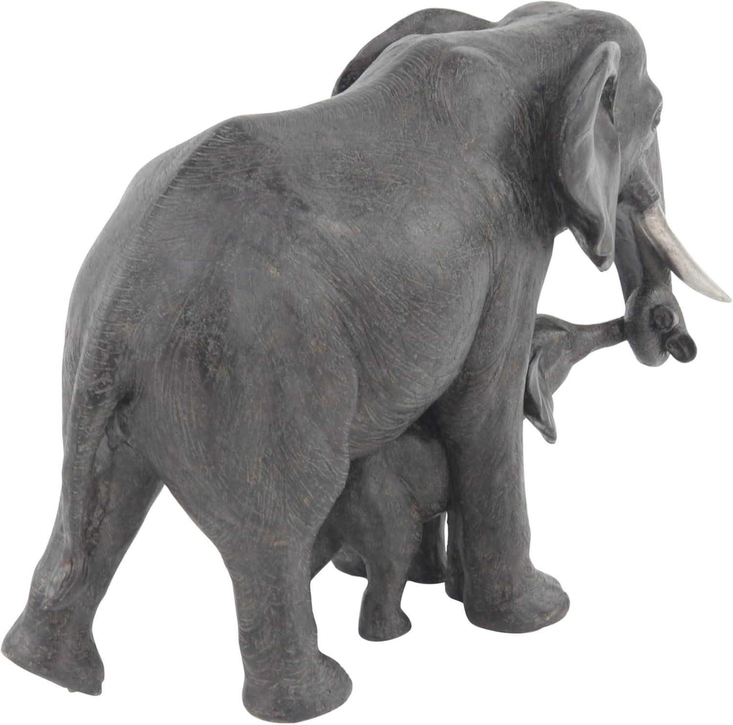 Gray Resin Elephant Mother and Calf Sculpture