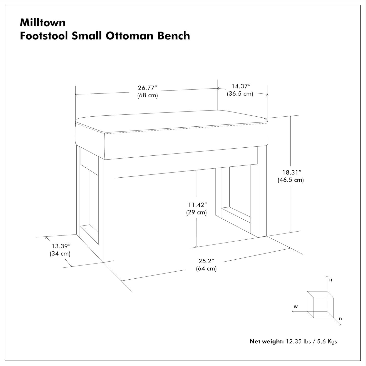 Simpli Home Milltown Ottoman Bench with Upholstered Seat and Solid Wood Frame