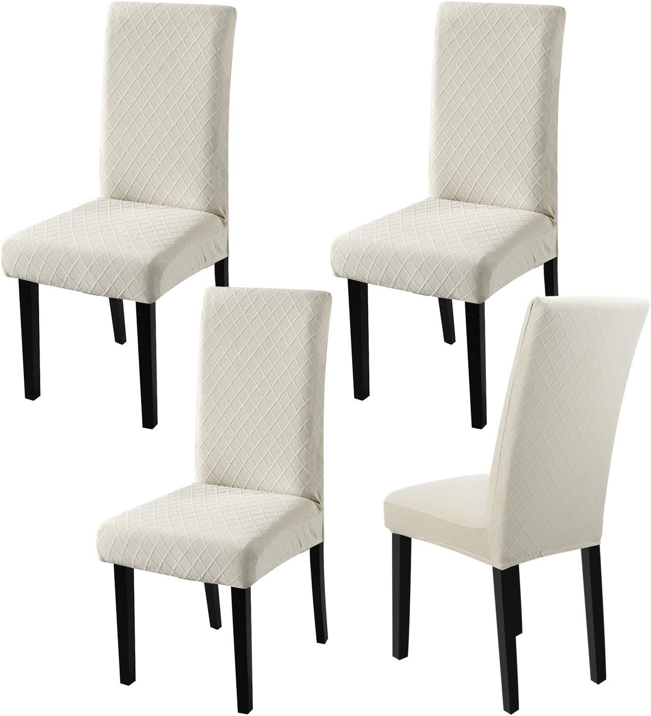Beige Stretch Jacquard Dining Chair Covers, Set of 4