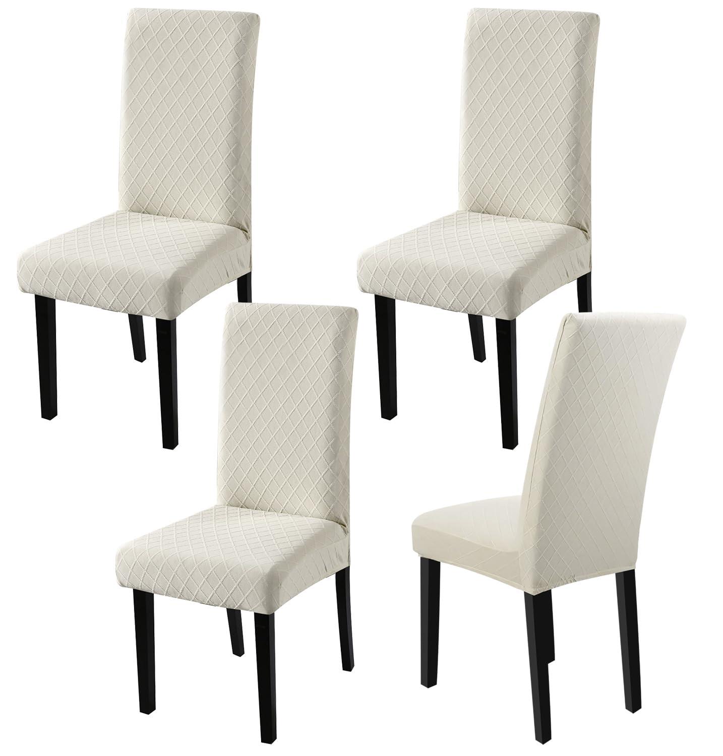 Beige Stretch Jacquard Dining Chair Covers, Set of 4