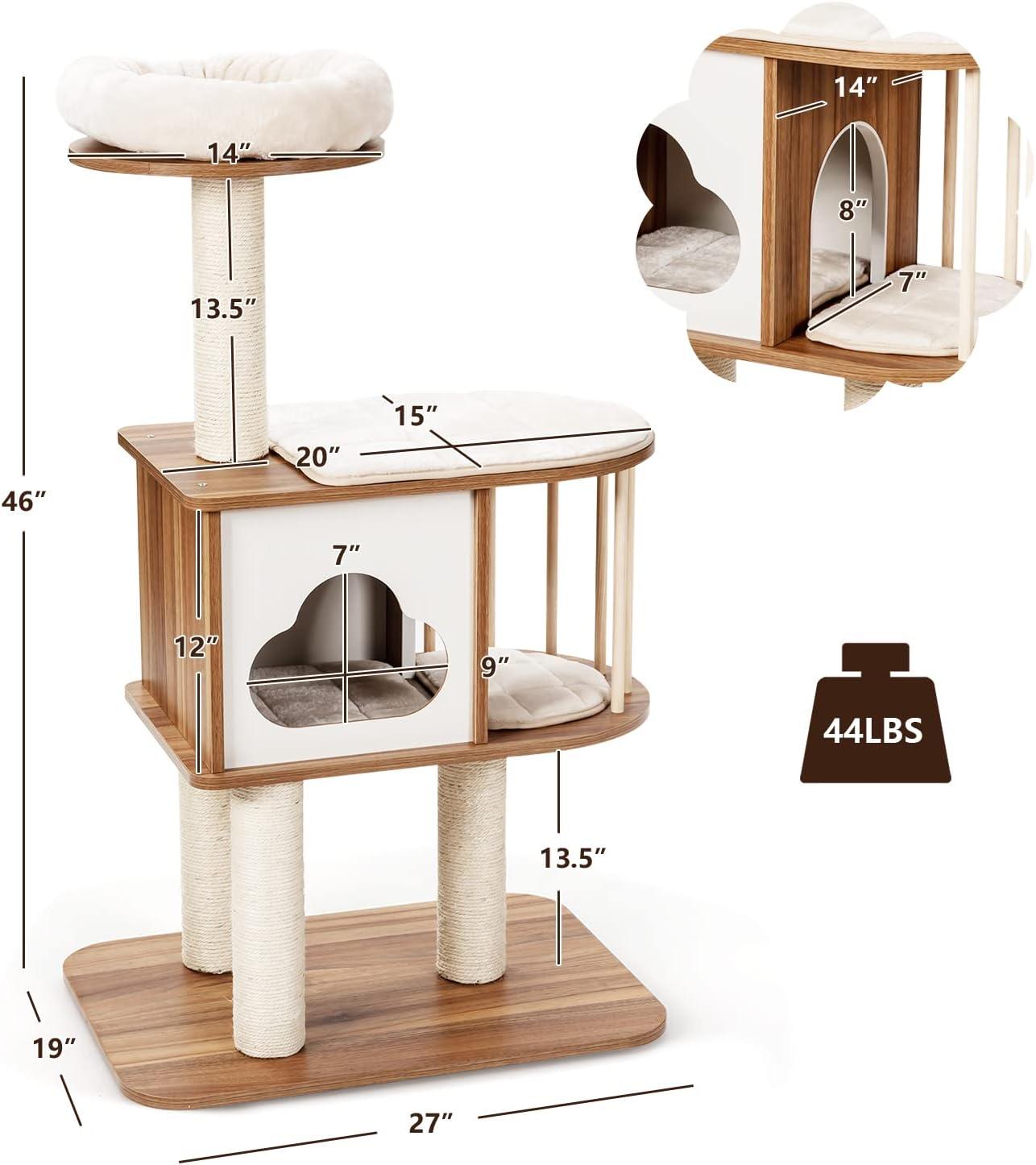 Natural Wood 46'' Cat Tree with Sisal Posts and Cushions