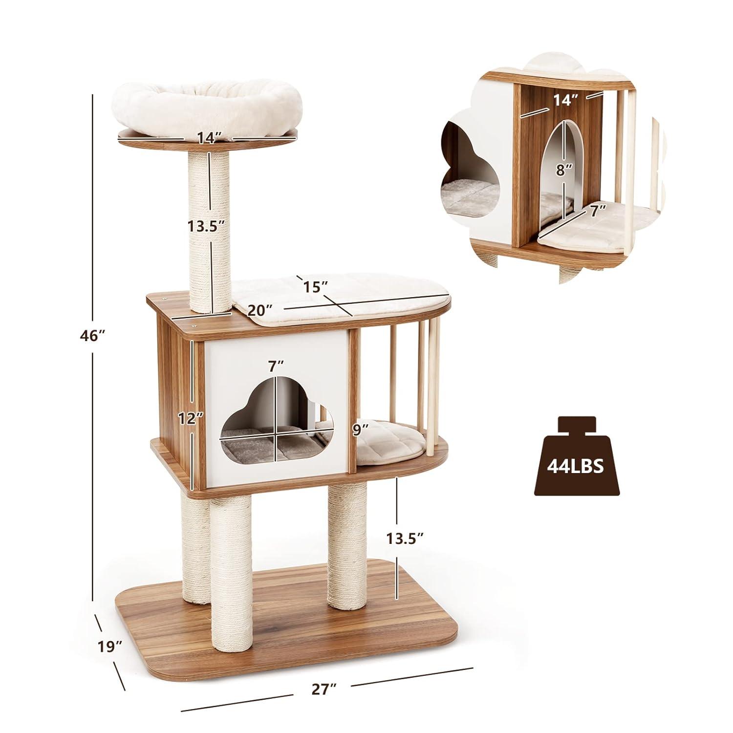 46'' Light Gray Wooden Cat Tree with Sisal Posts and Cushions