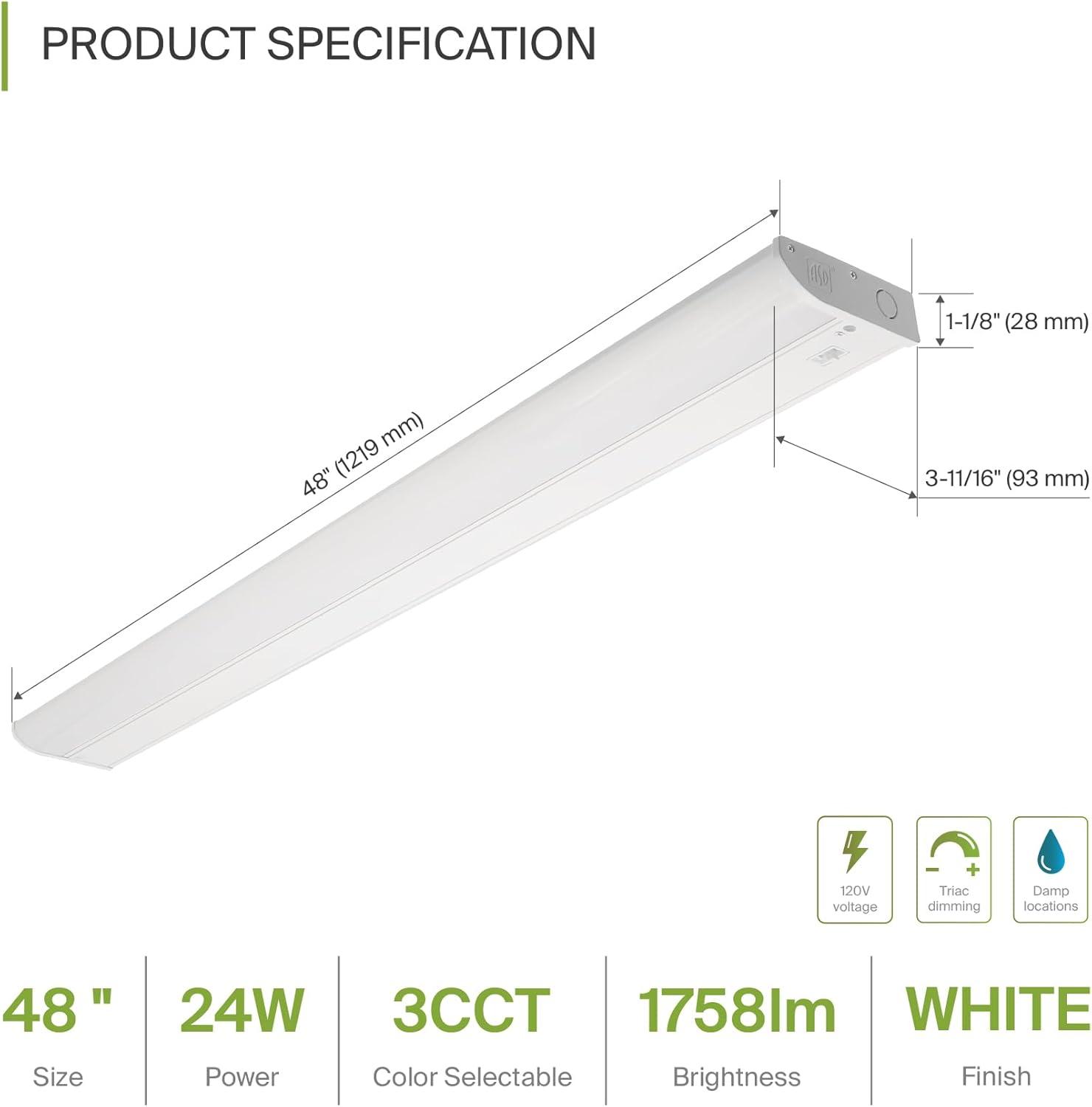 ASD LED Under Cabinet Lighting, 48 inch 24W 1758 LM, Dimmable Hardwired Under Cabinet Lights for Kitchen, 3000K Soft/4000K Cool/5000K Daylight, Under Counter Light Fixtures, ETL Energy Star White