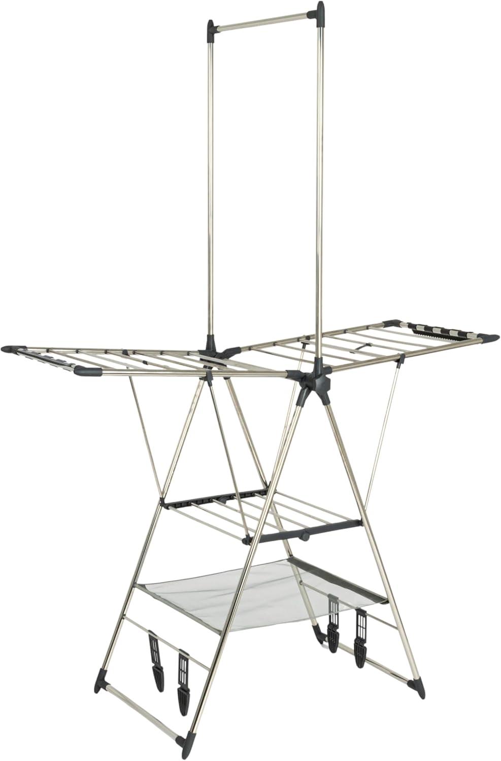 Household Essentials Multi Tier Stainless Steel Laundry Drying Rack with T Bar and Two Side Wings, Silver