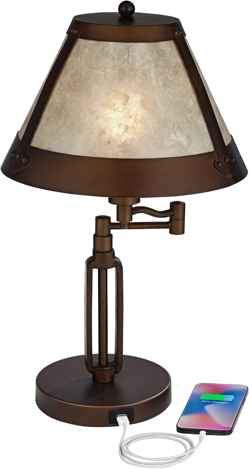 Franklin Iron Works Samuel Industrial Desk Lamp 21 1/4" High Bronze Swing Arm with USB Charging Port Natural Mica Shade for Bedroom Living Room House