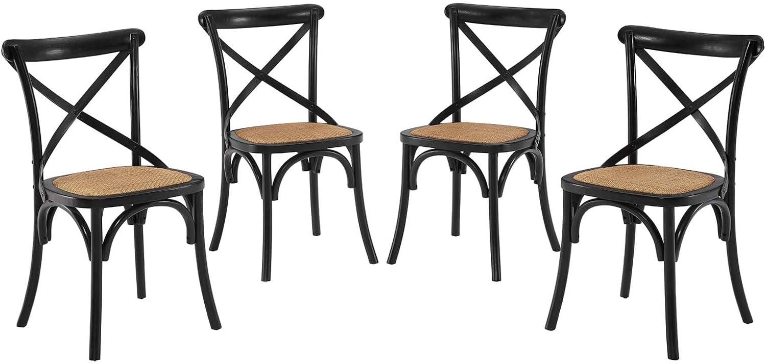 Modway Gear 18.5" Elm Wood and Rattan Dining Side Chair in Black (Set of 4)