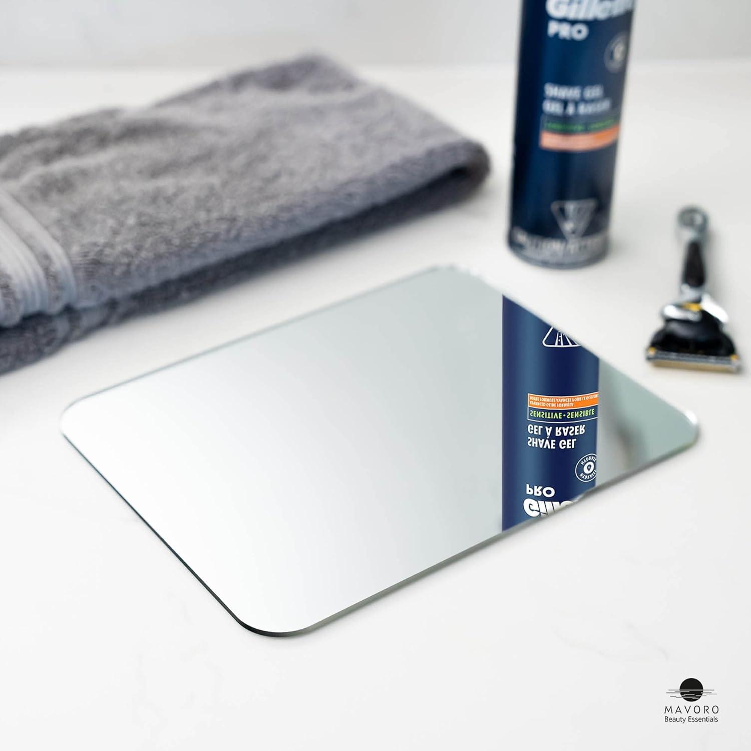 Mavoro Shaving Mirror for Shower - 3M Adhesive Shower Mirror. 7x9in Acrylic Mirror - Unbreakable Mirror with Less Fogging. Sleek Frameless Mirror. Peel and Stick Mirror, Glassless Safety Kids Mirror
