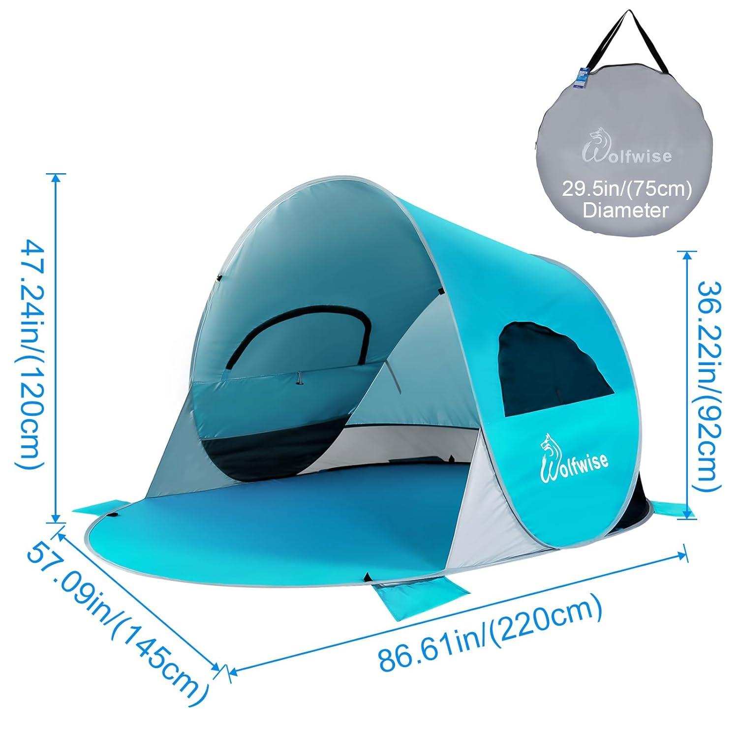 WolfWise UPF 50+ Easy Pop Up 3 Person Beach Tent Sport Umbrella Instant Sun Shelter Tent Sun Shade Canopy