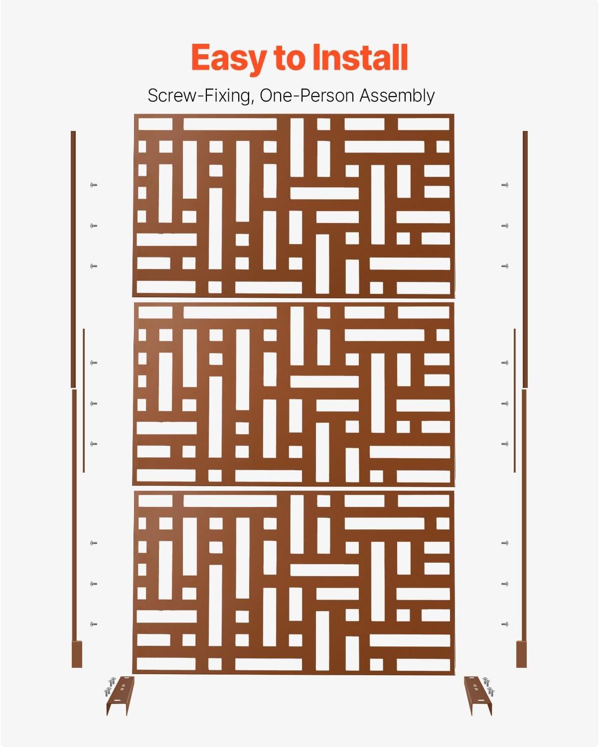 VEVOR Metal Privacy Screen, 47" W x 76" H, Outdoor Privacy Screens 3-Panel, Freestanding Outdoor Divider with Stand, Decorative Garden Steel Privacy Fence for Balcony Patio Indoor Room Hot Tub Brown