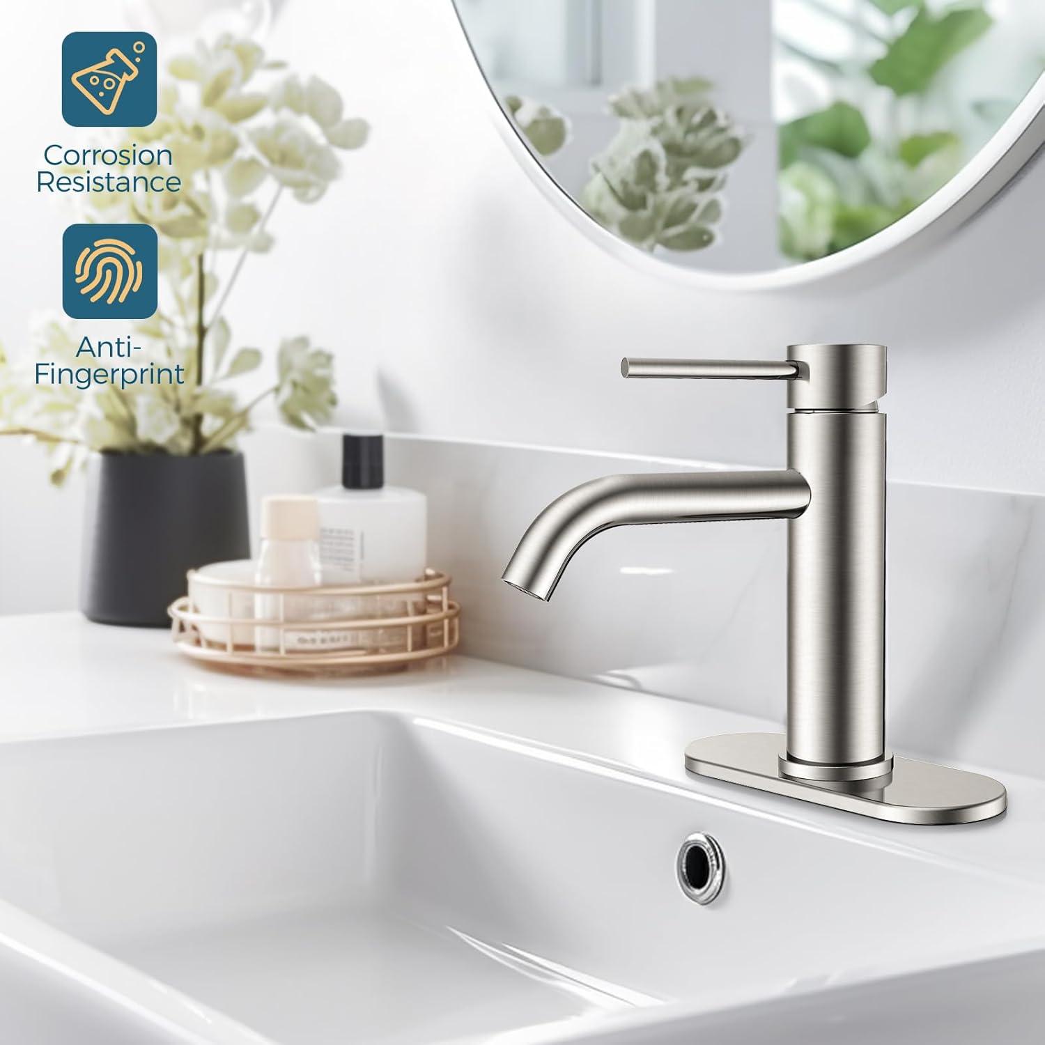 Single Handle Mid-Arc Bathroom Faucet with Deckplate and Pop-Up Drain in Brushed Nickel