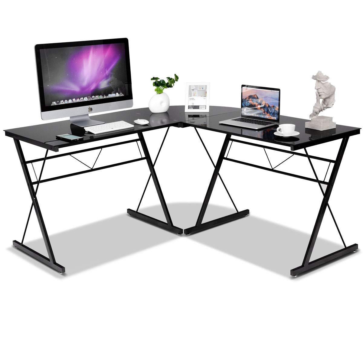 Tangkula L-Shaped, Corner, Modern Simple Style 3-Piece Metal Frame Study Laptop Desk Writing Gaming Table, Computer Workstation Top, Home Office Studio, Black