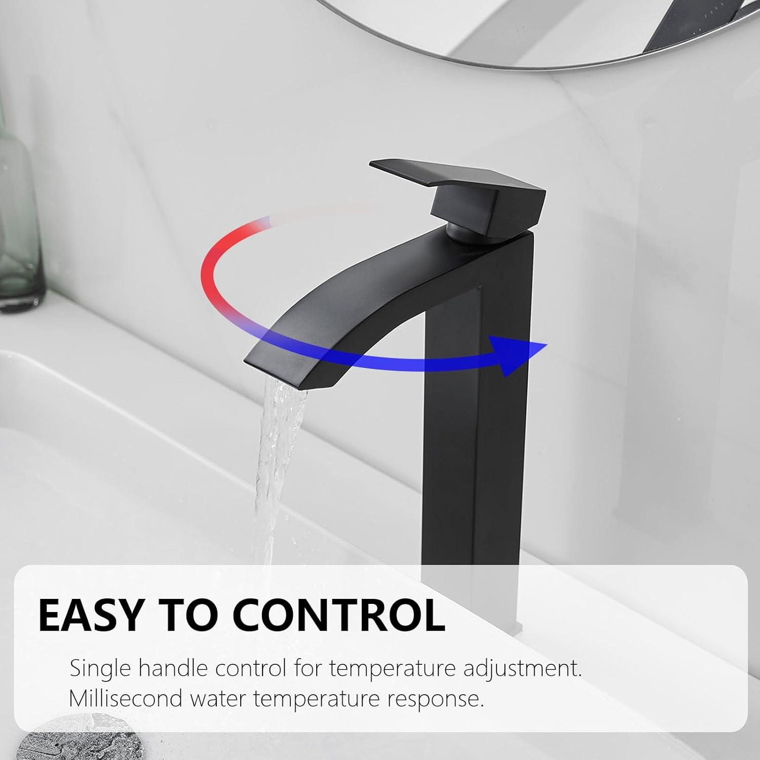 Waterfall Bathroom Faucet Single Handle，Bathroom Sink Faucet 1 Hole，Waterfall Faucet for Bathroom Sink，Vessel Sink Faucet Matte Black Tall Bathroom Faucet