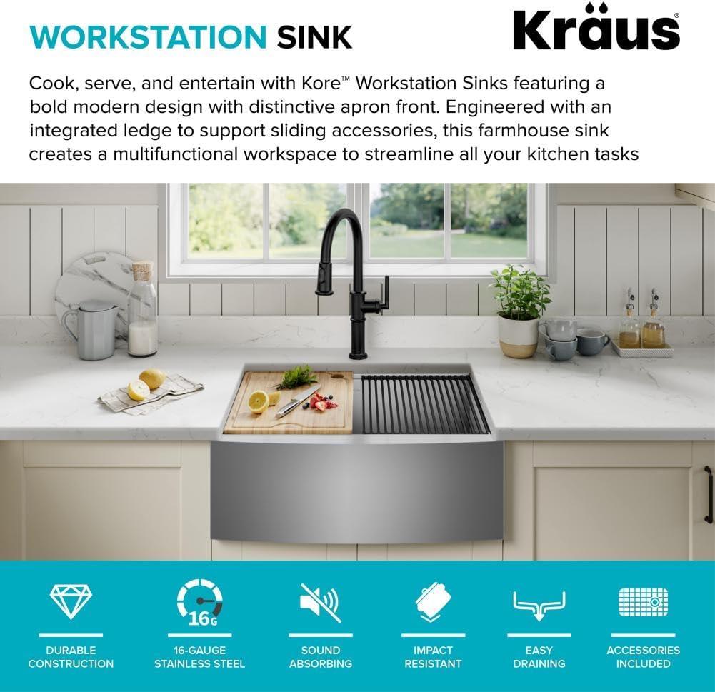 KRAUS Kore™ 24" L Farmhouse Apron Front Workstation 16 Gauge Stainless Steel Single Bowl Kitchen Sink with Accessories