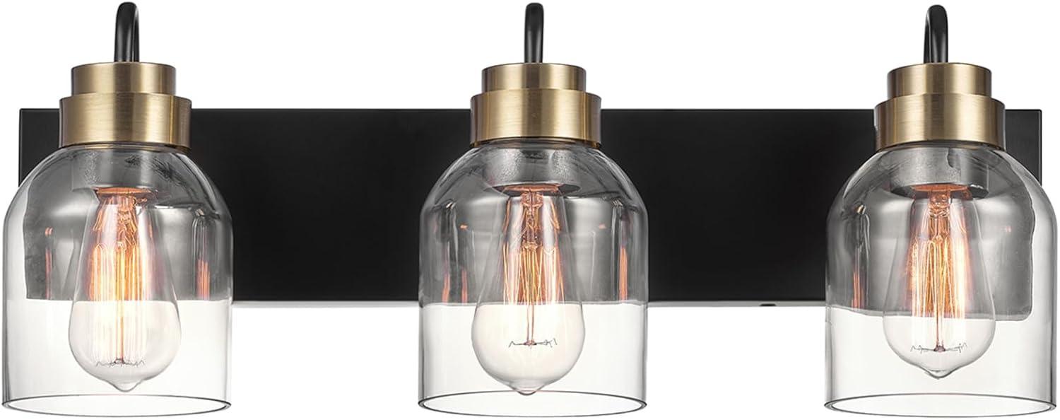 22 in. 3-Light Matte Black Vanity Light with Matte Brass Accents and Glass Shades