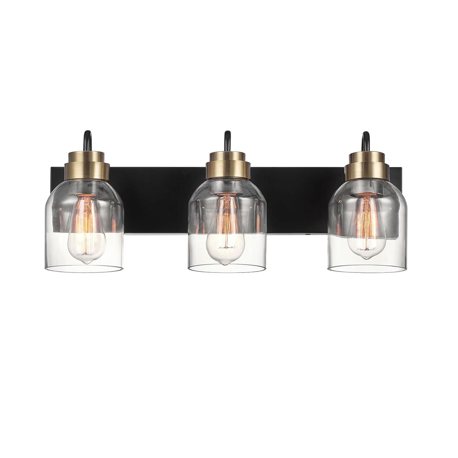 22 in. 3-Light Matte Black Vanity Light with Matte Brass Accents and Glass Shades