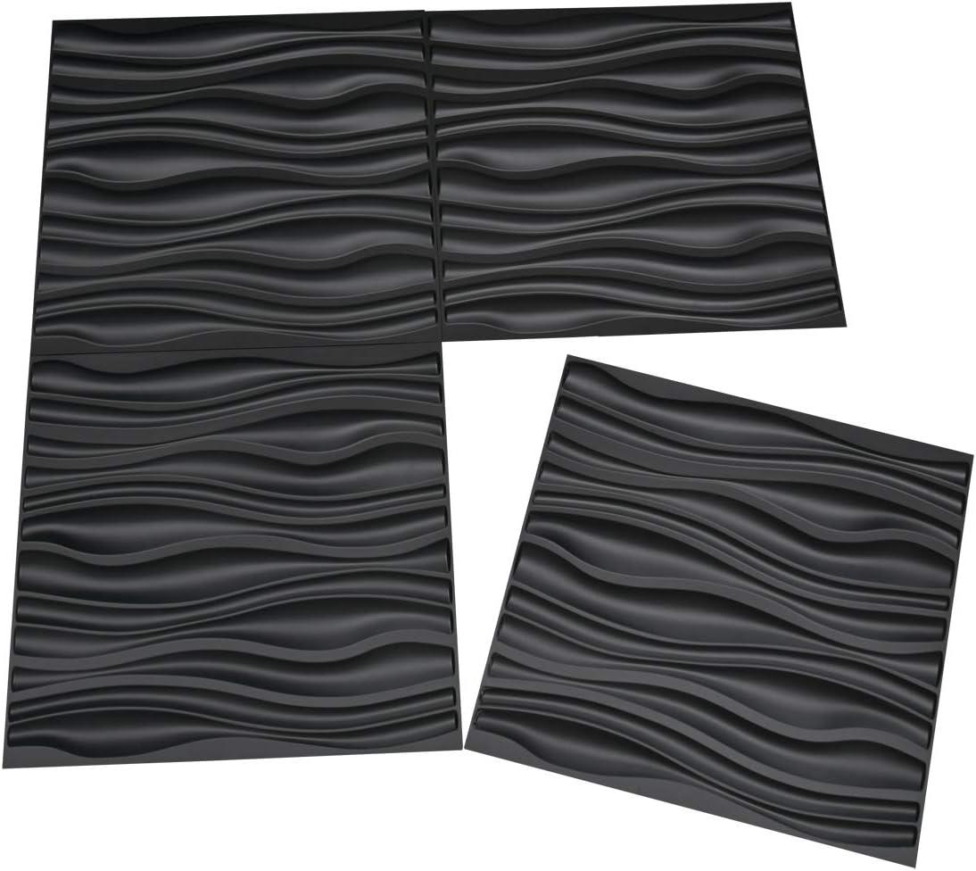 Art3d PVC Wave Board Textured 3D Wall Panels, Black, 19.7" x 19.7" (12 Pack)
