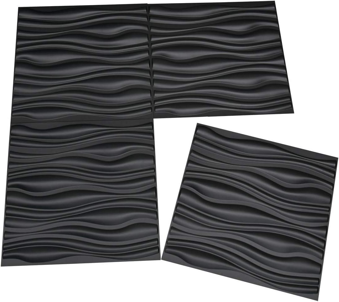 Black Textured PVC 3D Wave Wall Panels, 19.7" x 19.7" (12 Pack)