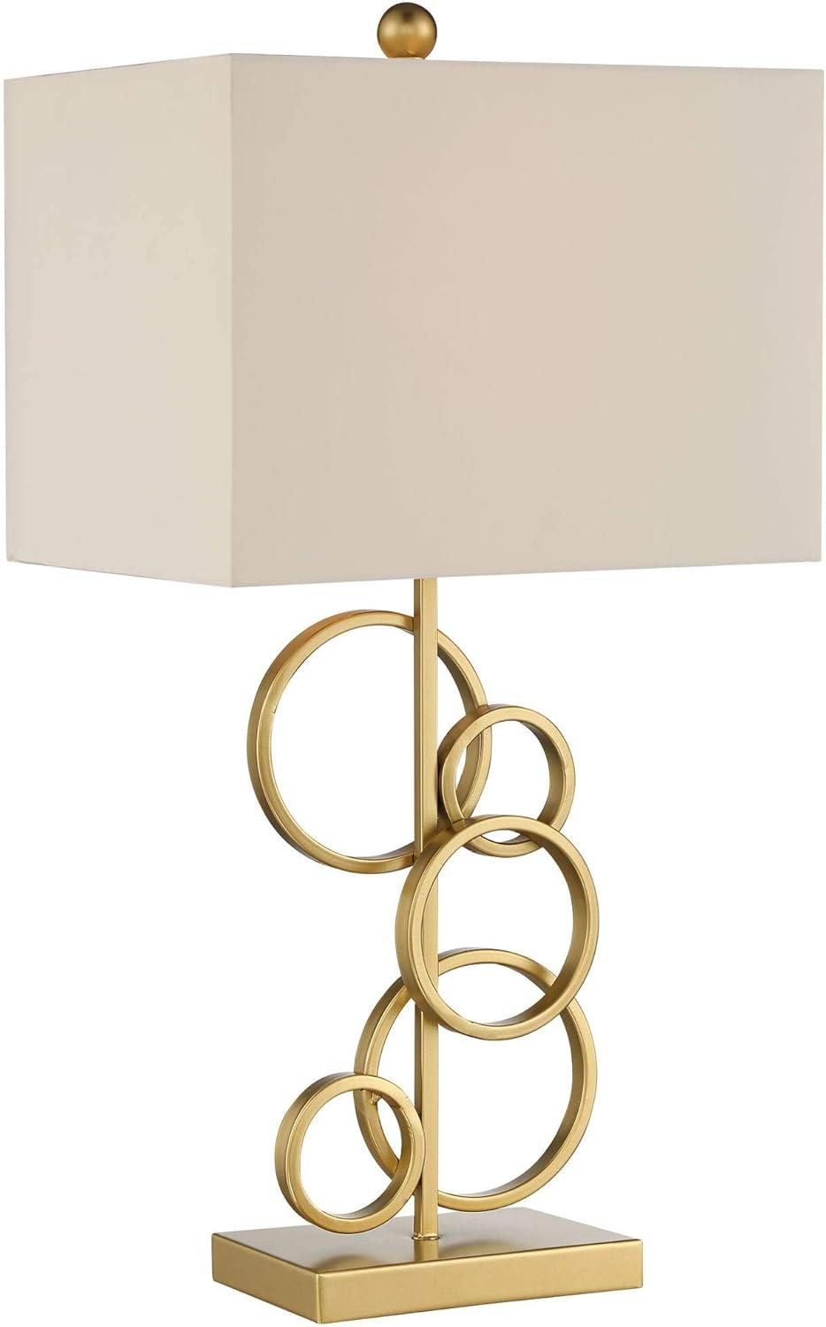 360 Lighting Saul Modern Table Lamp 26" High Brass Gold Metal Open Rings Oatmeal Fabric Rectangular Shade for Bedroom Living Room Bedside Nightstand