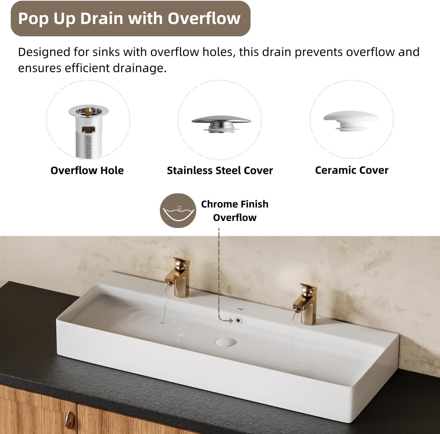 Los Flexi 43" x 16" Extra Large Trough Sink, Dual Faucet Holes, Wall-Mount Install, Pop-Up Drain