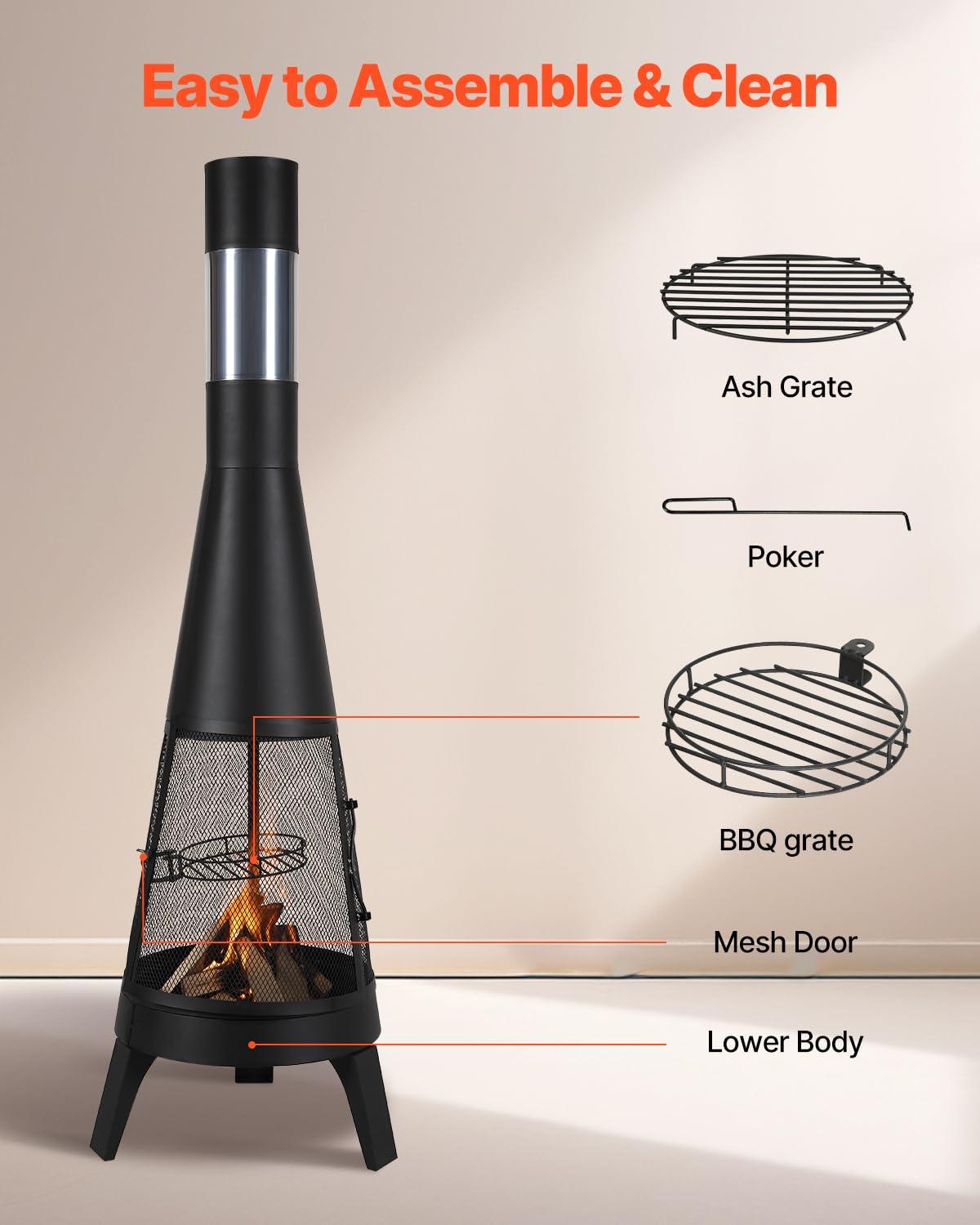 VEVOR Chiminea, 22 Inch Outdoor Wood Burning Firepit, Iron Spherical Fireplace for BBQ & Warming, Wooden Fire Pit with Grill Mesh, Chimney Coat & Rustproof Chiminea Lid, for Patio, Garden, Backyard