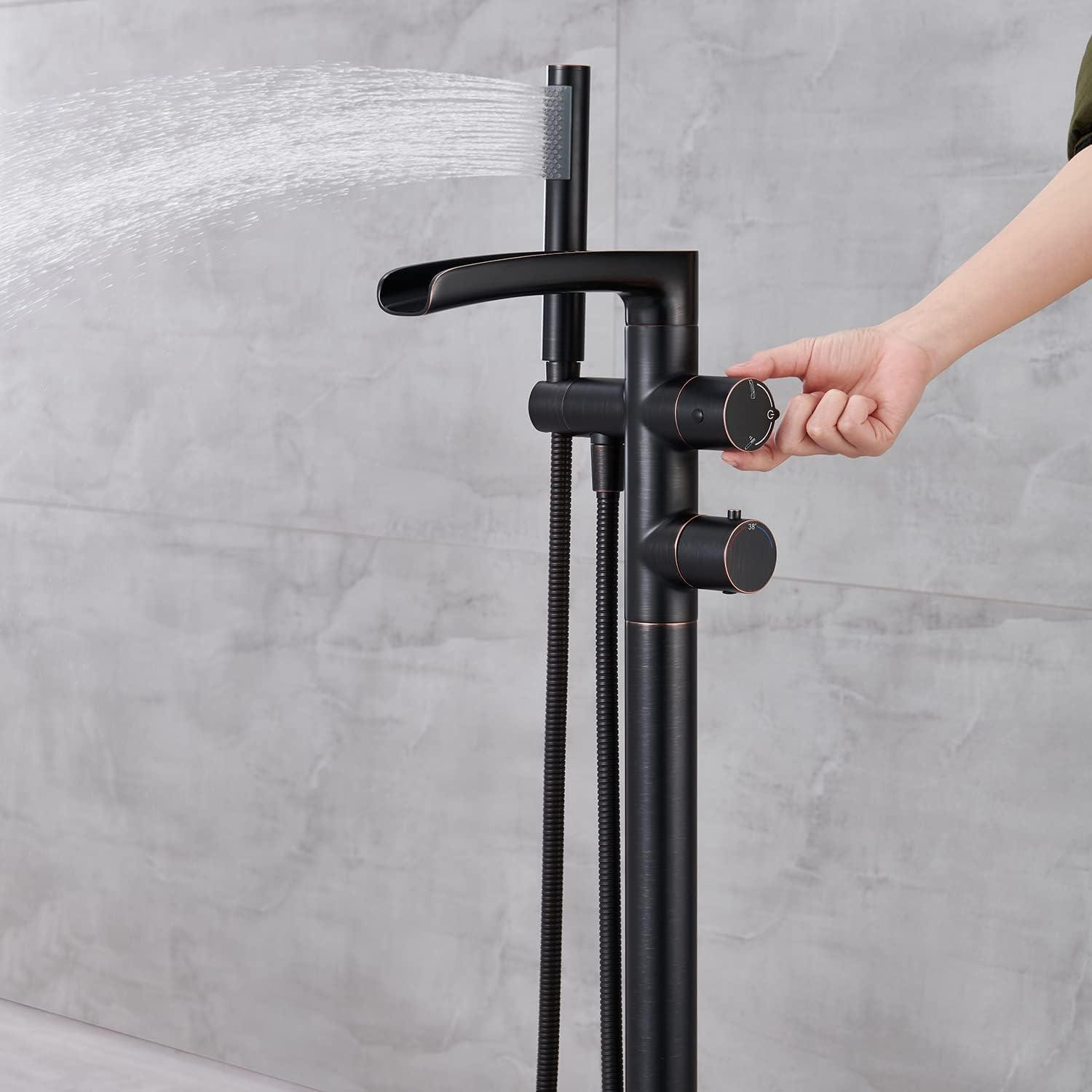 MOGFCT Waterfall Freestanding Bathtub Faucet Set Single Handle Floor Mount Tub Filler with Hand Shower ,Matte Black