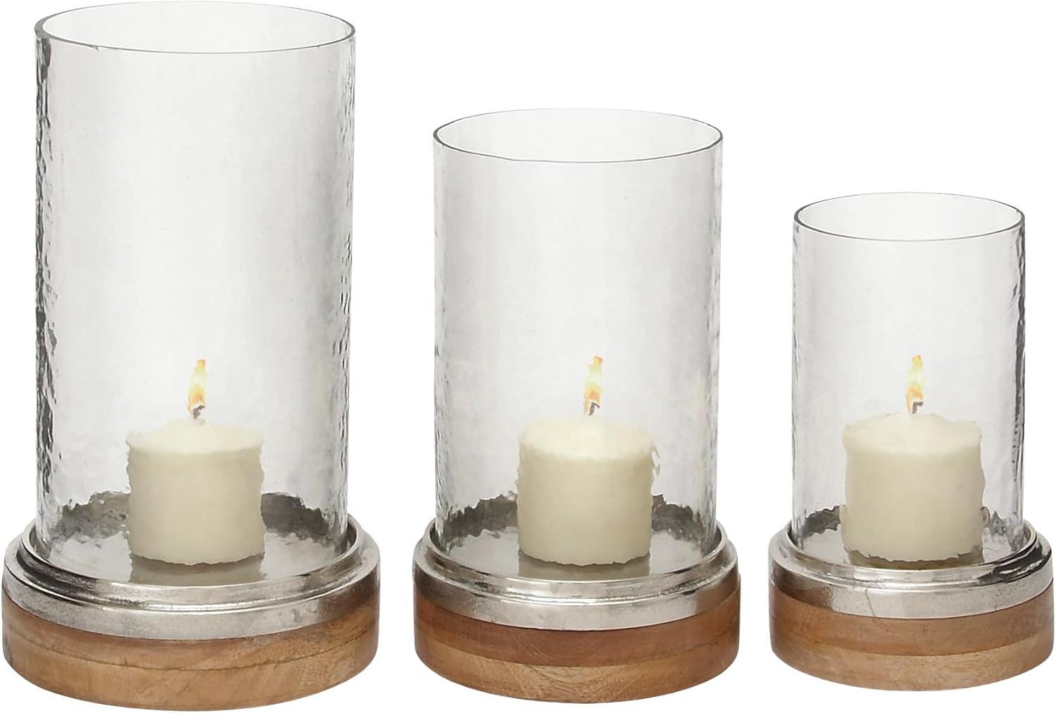 Set of 3 Mango Wood and Aluminum Candle Holders - Olivia & May