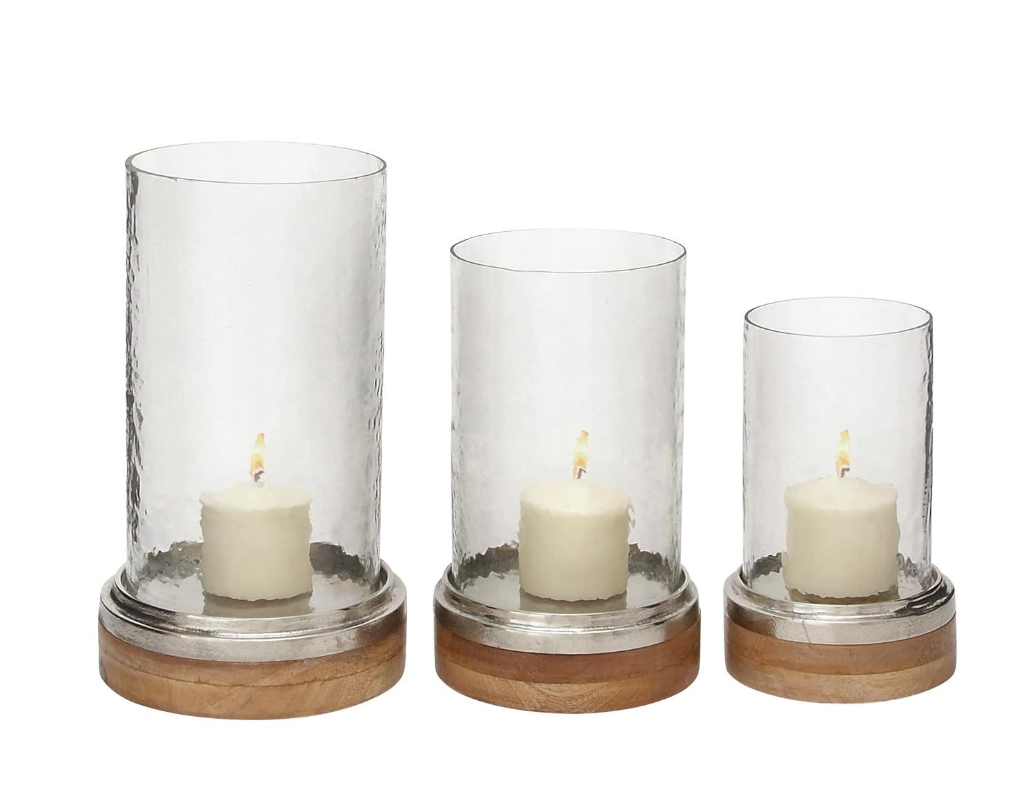 Set of 3 Mango Wood and Aluminum Candle Holders - Olivia & May