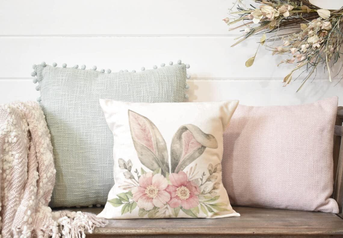 Easter Bunny and Floral Cotton Linen Pillow Covers Set