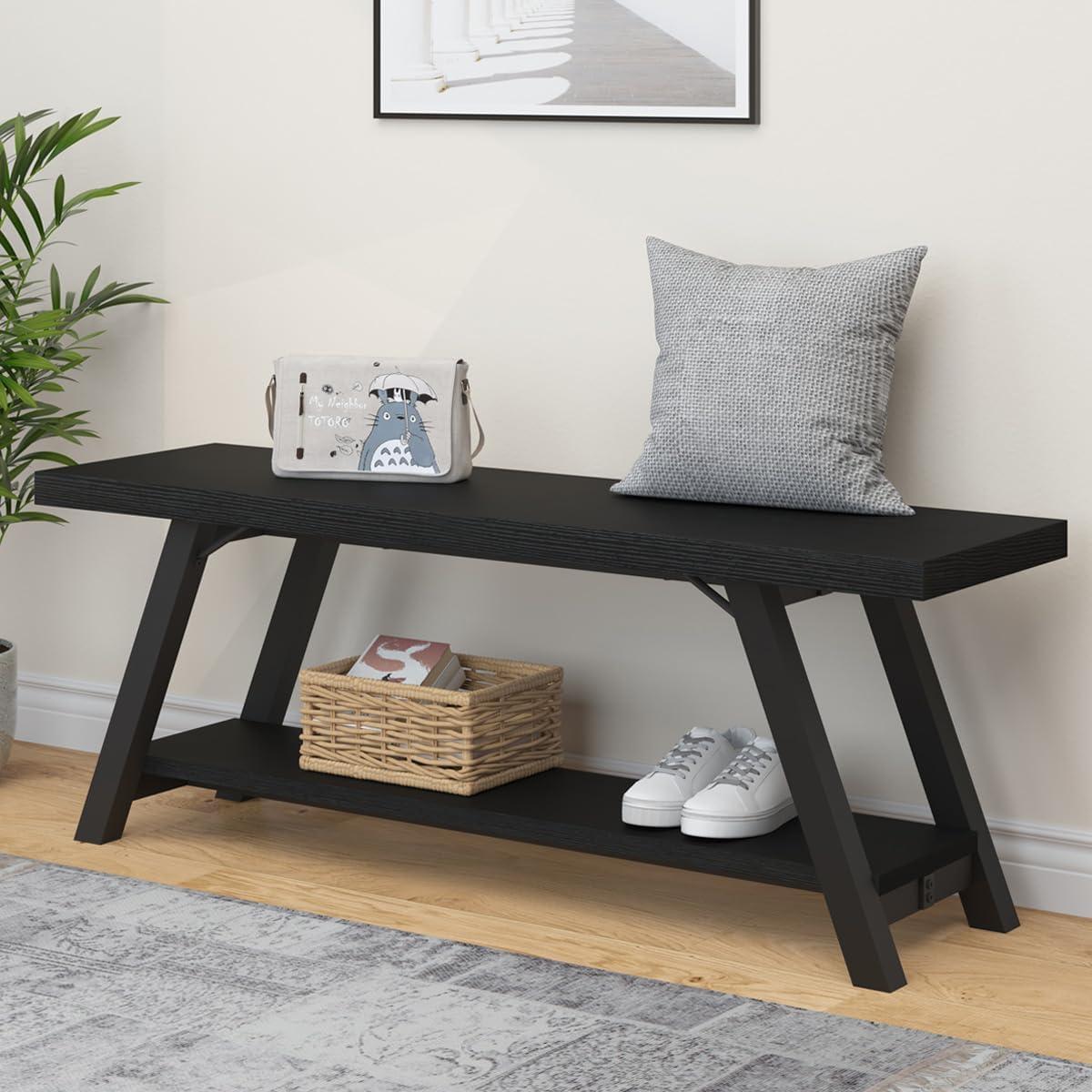 LVB Black Bench, Modern Storage Bench for Bedroom, Wood Metal Entryway Bench for Hallway Dining Living Room, Famrhouse Shoe Rack Indoor Accent Seating Benchs for Foyer Entrance, Black Oak 47 Inch Long