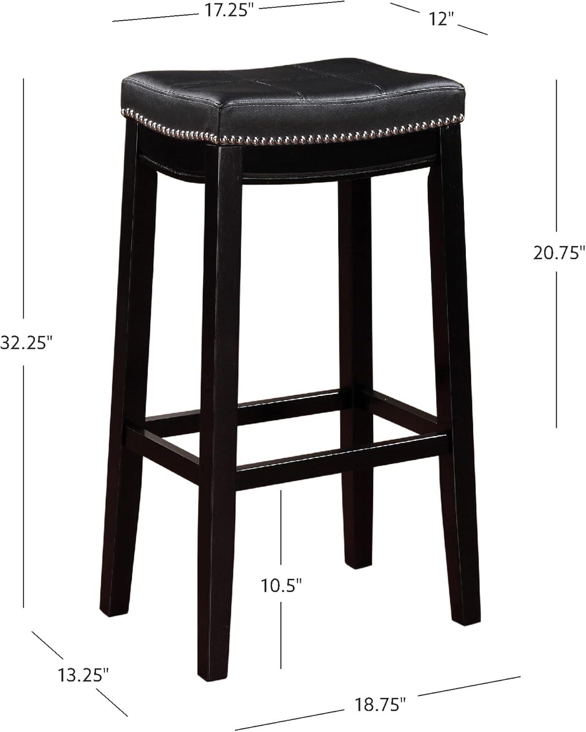 Claridge Backless Faux Leather Nailhead Saddle Barstool Black - Linon: Rubberwood Frame, 32.25" Height