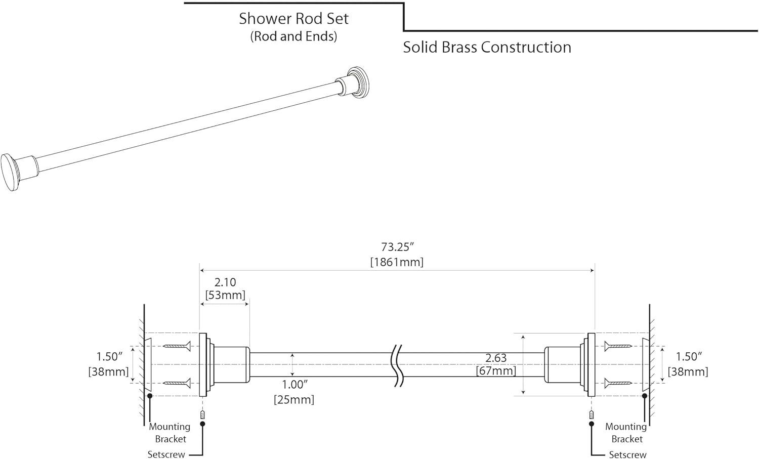 Marina 73.25" Polished Chrome Solid Brass Shower Rod Set