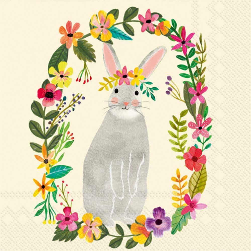 Boston International - 3-Ply 5" Cocktail Napkins 20 Count - Floral Bunny