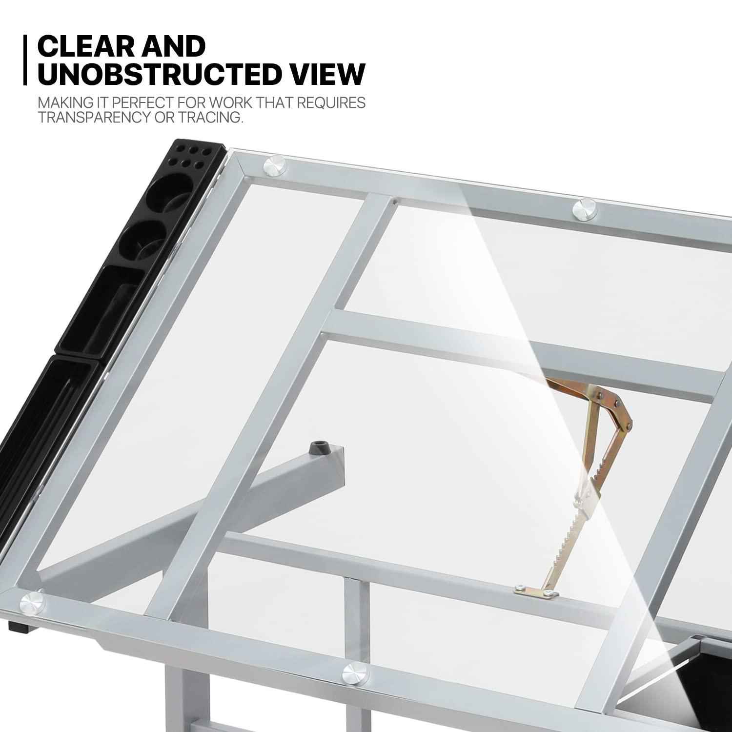 LIQI Drafting Table on Wheels with Storage & Side Tray - Adjustable 0-65° Glass Tabletop, Replaceable Feet Art Desk