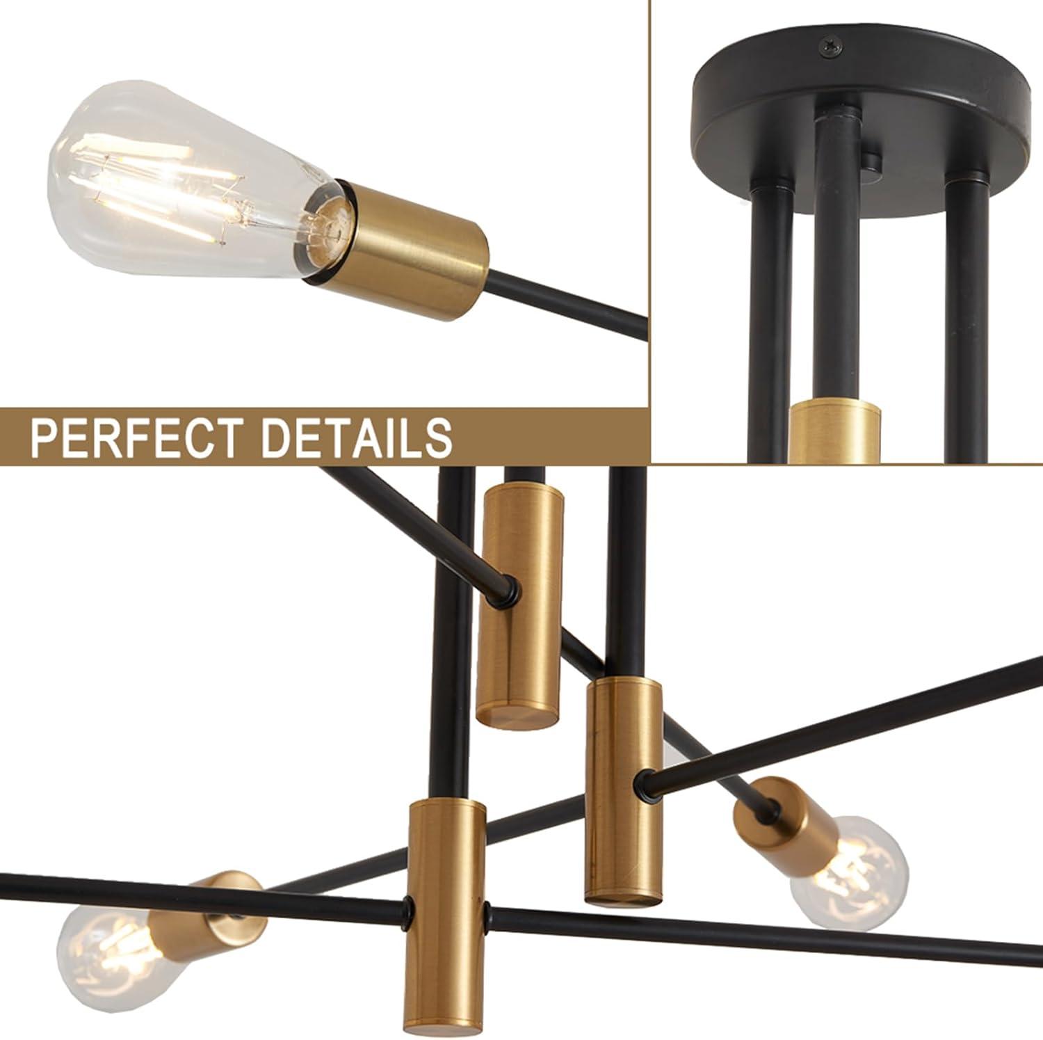 Sputnik Chandelier - 4-Light Semi Flush Mount Ceiling Light Fixture,Mid Century Modern Hanging Light Fixtures,Black and Gold Chandeliers for Dining Room Bedroom Living Room Kitchen Foyer