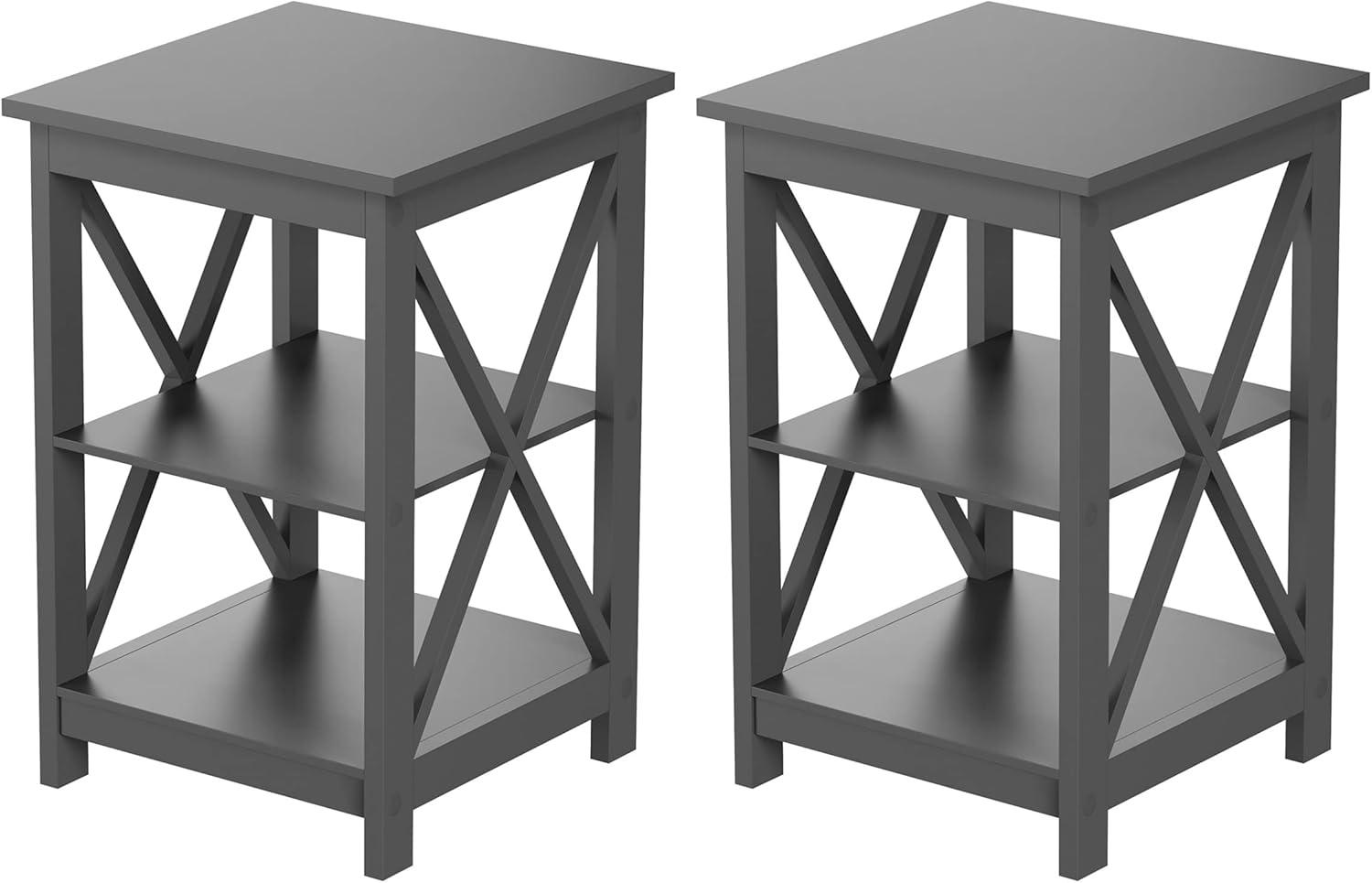 Queribus Side Tables with Two Shelves – 2 Piece Contemporary Nightstands with X-Legs – Wooden End Table Pair for Living Room or Bedroom