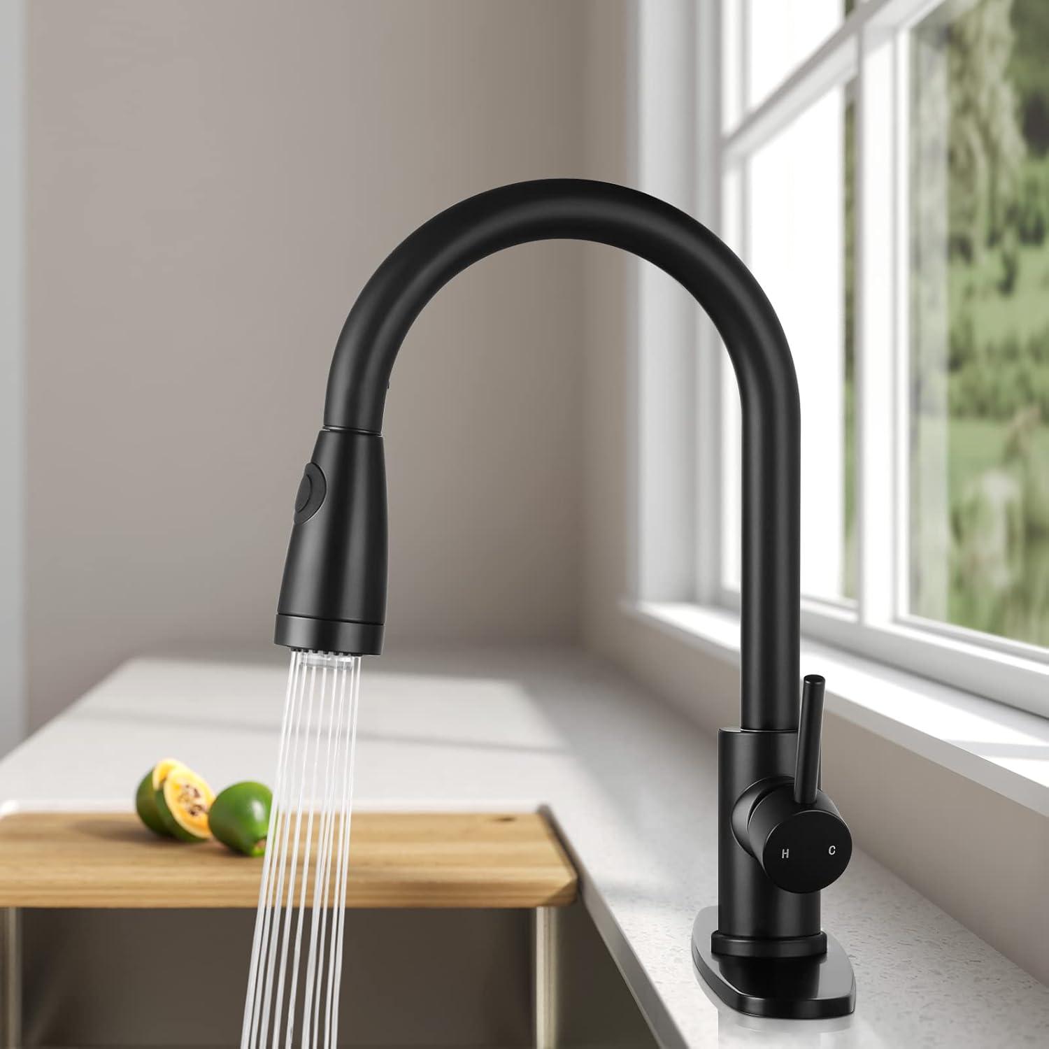 Matte Black Stainless Steel High-Arc Kitchen Faucet with LED Pull-Out Spray