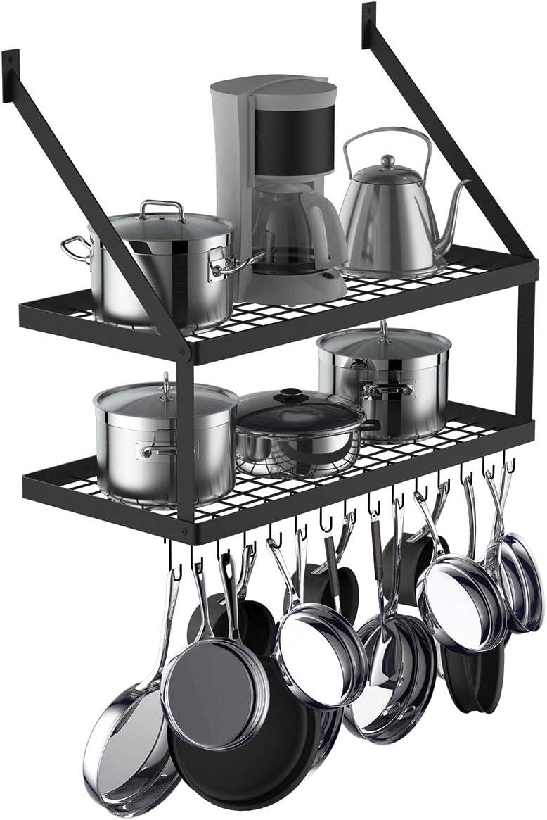 Black Metal Wall Mount 2-Tier Pot Rack with Hooks