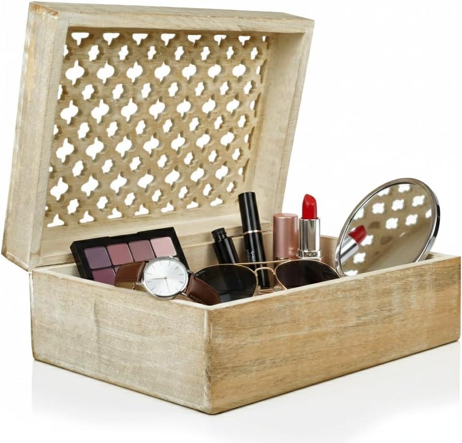 Mela Artisans Wood Keepsake Box with Hinged Lid in Trellis Design White- Extra Large