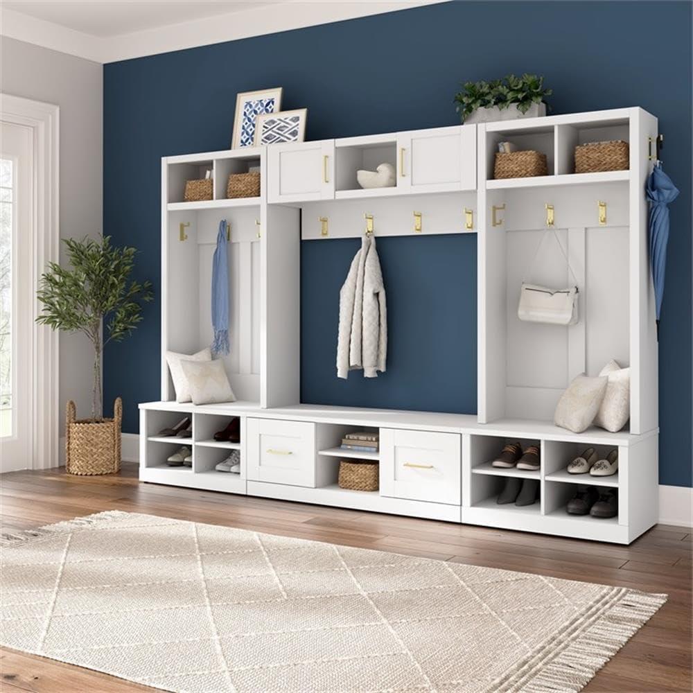 Hampton Heights 30W Hall Tree and Shoe Bench in White - Engineered Wood