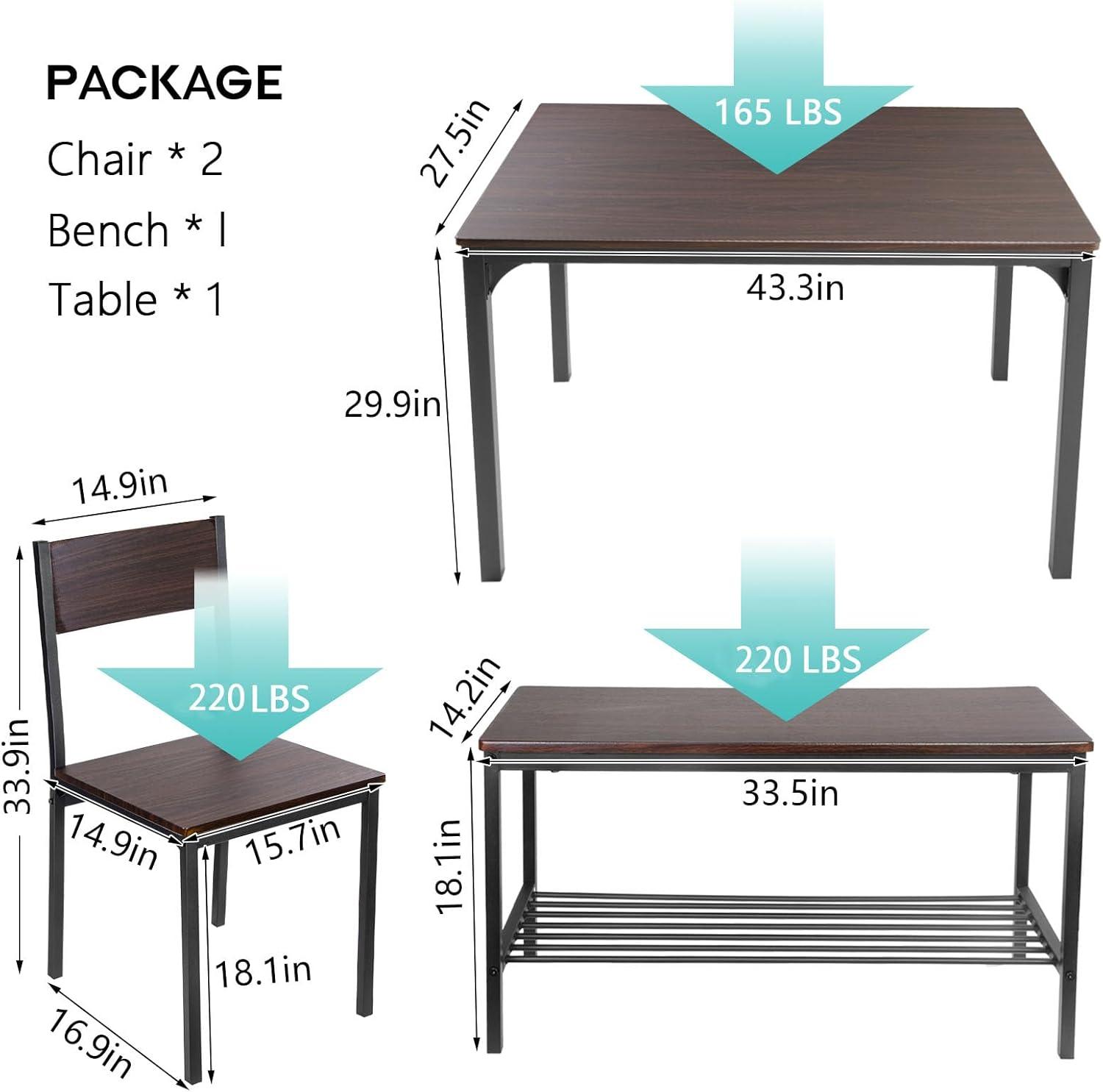 Rustic Oak Rectangular Bistro Table Set with Bench and 2 Chairs