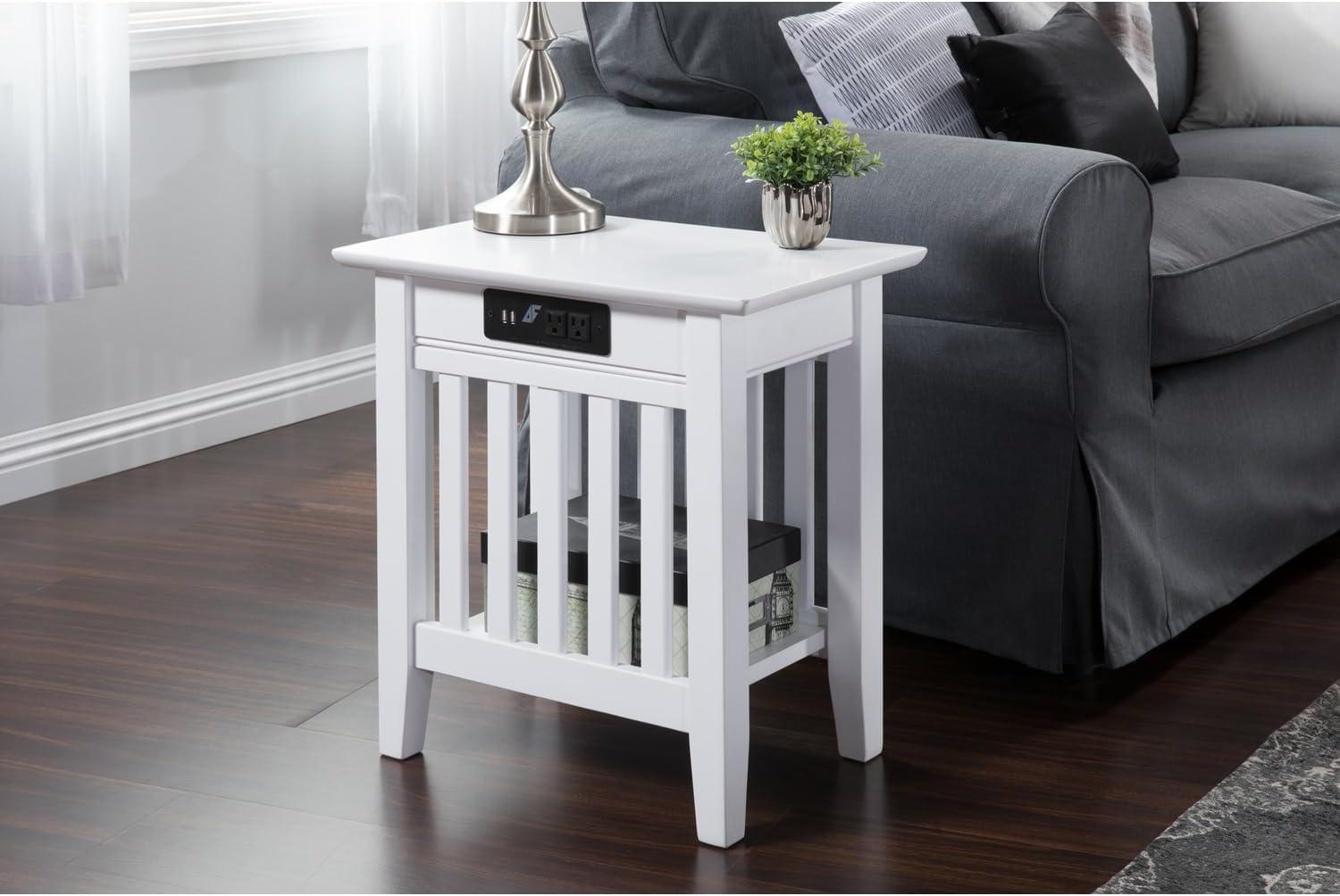 Mission Chair Side Table with Charger Station in White